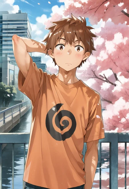 score_9, score_8_up, score_7_up, score_6_up,
by miyajima reiji, kinoshita kazuya, 1boy, brown hair, outdoors, cherry blossoms, blush, spiral print shirt, orange shirt, day, black hair, tree, sky, railing, cloud, petals, short hair, building, t-shirt, brown eyes, upper body, looking at viewer, arm behind head,
masterpiece, best quality
<lora:kanojookarisimasu_v10:1>