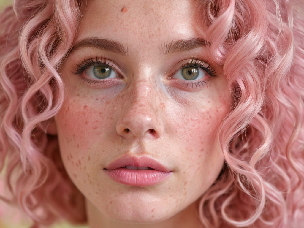 An up-close face shot of a female model with hazel eyes, natural rosy lips, and light freckles. Her pastel pink hair is styled in soft curls around her face. A soft-focus floral background.