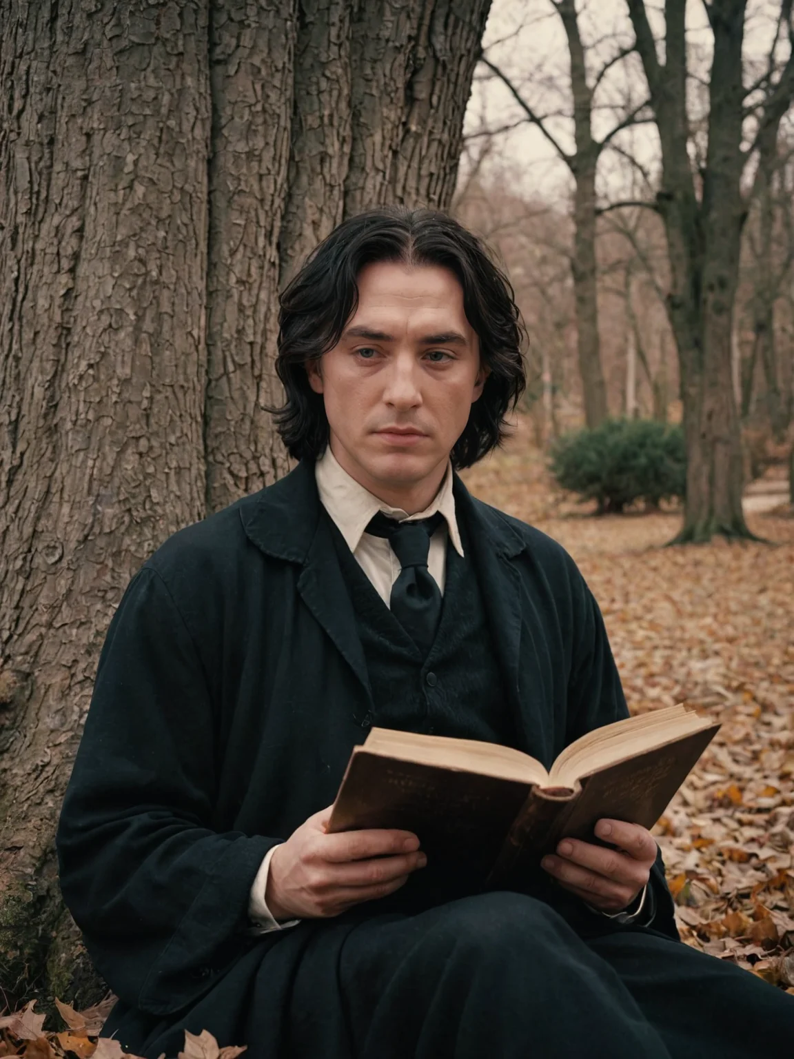 a young severus snape sitting under a tree reading a book, 25 year old, solo, wind, breeze, dark clothes, digital painting, pale skin,highly detailed face, black hair, romantic, spring, 1950s,dark background,warm colors, RAW candid cinema,16mm,color graded portra 400 film,remarkable color,ultra realistic, captured on a (Nikon D850) <lora:harry_potter_v1:1>