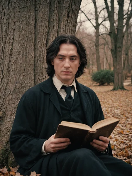 a young severus snape sitting under a tree reading a book, 25 year old, solo, wind, breeze, dark clothes,  digital painting, pale skin,highly detailed face, black hair, romantic, spring, 1950s,dark background,warm colors, RAW candid cinema,16mm,color graded portra 400 film,remarkable color,ultra realistic, captured on a (Nikon D850) <lora:harry_potter_v1:1>