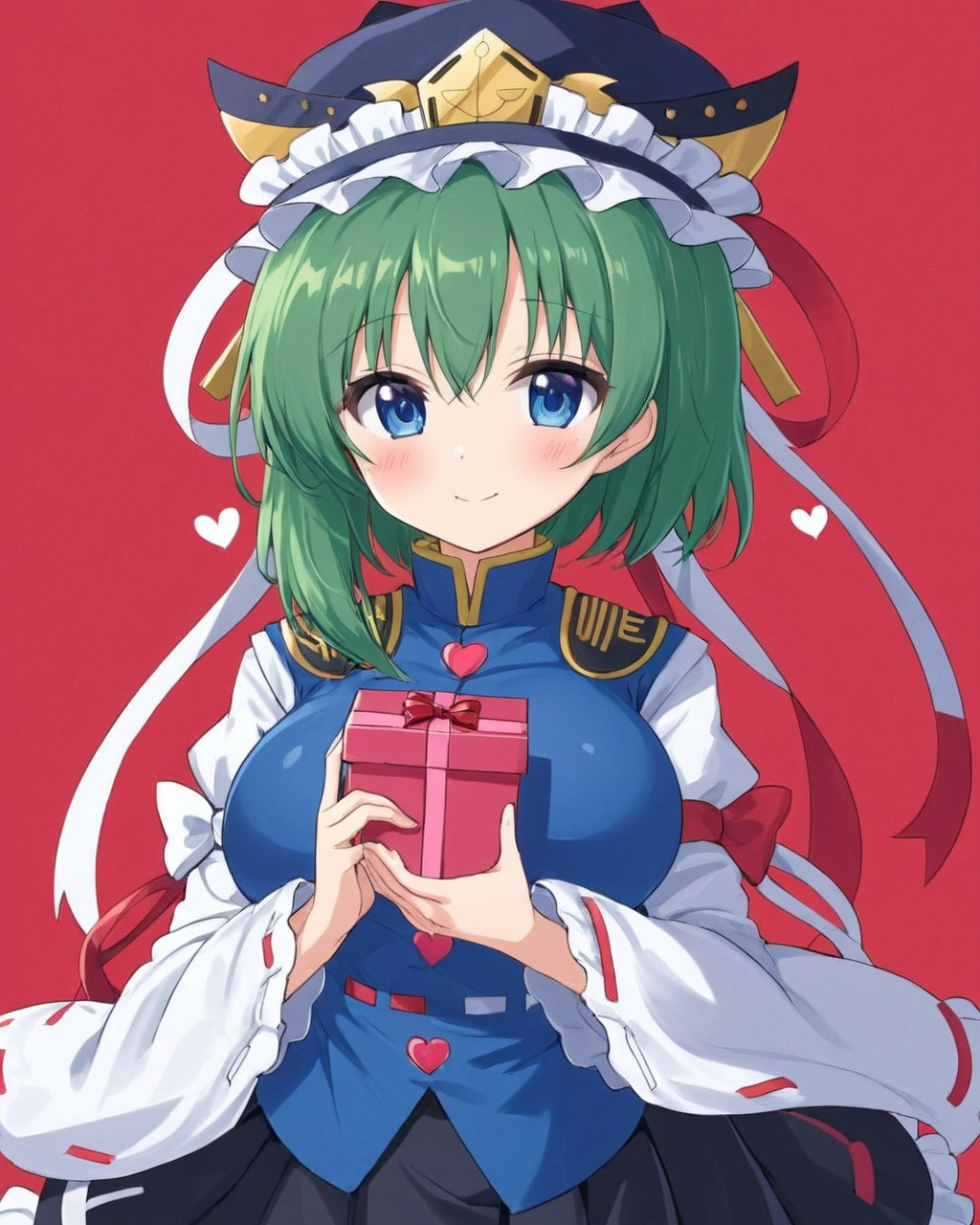 shiki eiki, hat, long_sleeves, heart-shaped_box, wide_sleeves, smile, black_skirt, 1girl, solo, holding, closed_mouth, blue_vest, blush, red_background, heart, striped_background, valentine, gift, bow, black_headwear, frills, ribbon, breasts, buttons, white_shirt, epaulettes, looking_at_viewer, dutch_angle
<lora:shiki_eiki_image6175_2023-12-14-000007:1>,star-shaped_pupils,symbol-shaped_pupils,. gorgeous,key visual, vibrant, studio anime,award-winning, professional, highly detailed,high budget, cinemascope