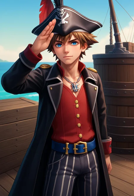 score_9, score_7_up, source_anime 
sora, 1boy, male focus, solo, blue eyes, brown hair, spiked hair, pirate costume, hat, pirate hat, black headwear, jewelry, necklace, shirt, red shirt, coat, black coat, open coat, open clothes, long sleeves, shirt, red shirt, buttons, belt, pants, striped pants, striped, vertical stripes,
outdoor, docks, ships, medieval, salute