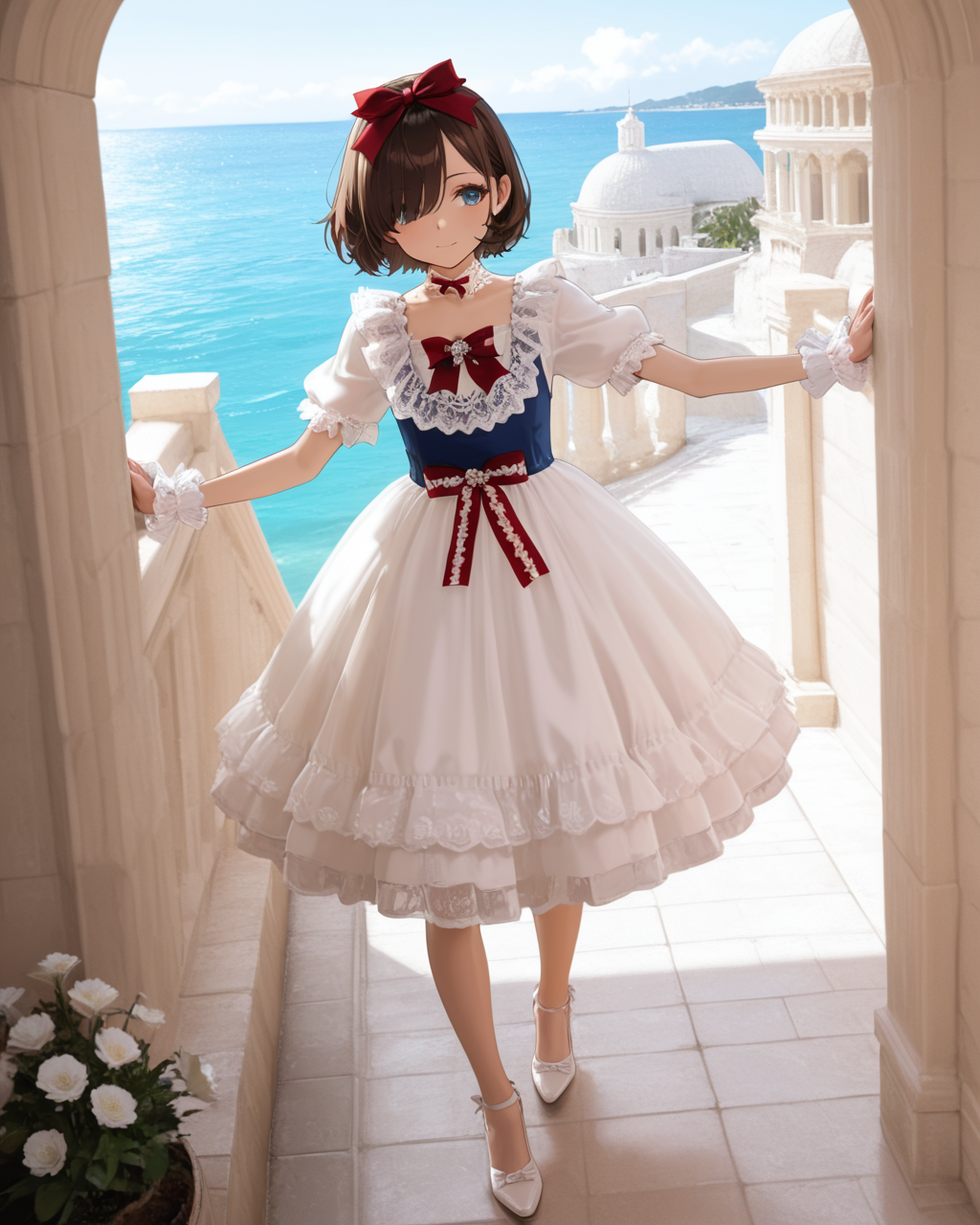 Positive: Masterpiece, best quality, amazing quality, very aesthetic, high resolution, ultra-detailed, absurdres,
1girl, solo, 
brown hair,short hair,blue eyes,
hair over one eye,
blue top white skirt red accented lace bow dress,
blue vest,white dress,red bow,puffy short sleeves,frilled dress,lace trim,apron,wrist cuffs,choker,lace,frills,
hair bow,
white pumps with bow,
full_body,walking, arms extended horizontally at shoulder height with relaxed palms, 
outdoors,sea,flower,White buildings, Greek architecture, domed structures,  Mediterranean vibe, stone textures, coastal scenery