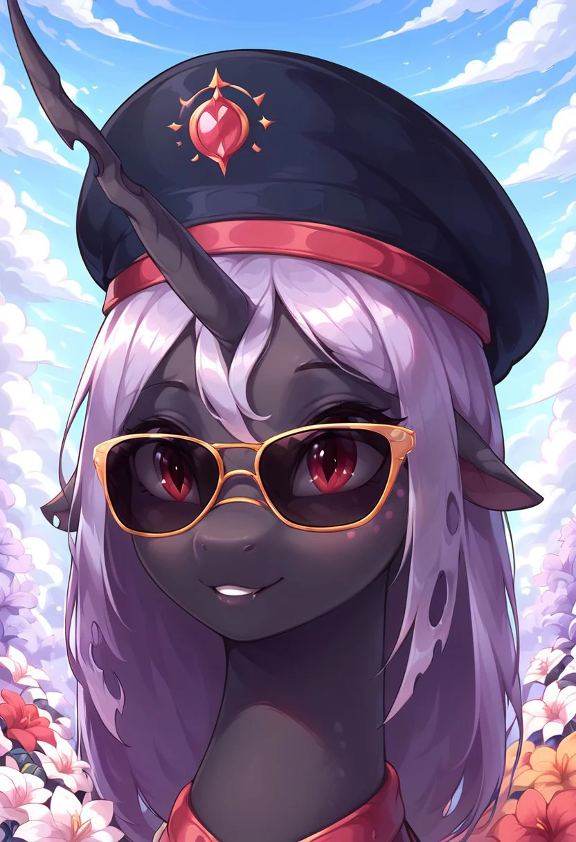 masterpiece, score_9, score_8_up, score_7_up, (best quality:1.1), ultra-detailed, high resolution, solo, Queen Gytha, changeling, feral, holey hoofs, ragged ears, crooked horn, insect wings, black skin, pink freckles, very light purple membrane hair, very light purple membrane tail, black eyebrows, (((beautiful detailed red eyes))), Highly Visible, cute, portrait of a leader, (sunglasses:1.3), (black beret with the emblem of the Greneclyf nation:1.5), sharp focus, perfect lighting, beautiful eyes, eyelashes, anatomically correct, extremely detailed, high detail, cute face, smile, expressive, flowery meadow, flowers, bright day, natural setting, beautiful nature, serene environment, detailed background, zPDXL2