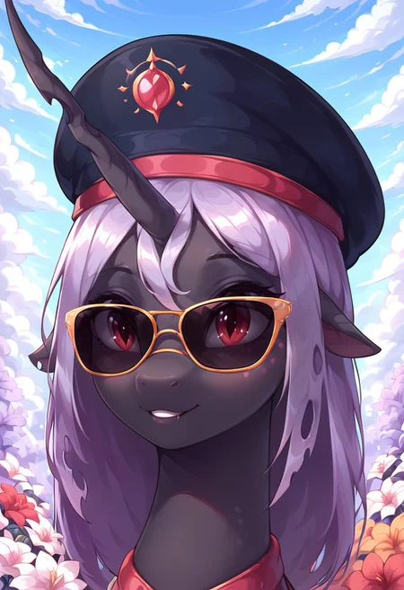 masterpiece, score_9, score_8_up, score_7_up, (best quality:1.1), ultra-detailed, high resolution, solo, Queen Gytha, changeling, feral, holey hoofs, ragged ears, crooked horn, insect wings, black skin, pink freckles, very light purple membrane hair, very light purple membrane tail, black eyebrows, (((beautiful detailed red eyes))), Highly Visible, cute, portrait of a leader, (sunglasses:1.3), (black beret with the emblem of the Greneclyf nation:1.5), sharp focus, perfect lighting, beautiful eyes, eyelashes, anatomically correct, extremely detailed, high detail, cute face, smile, expressive, flowery meadow, flowers, bright day, natural setting, beautiful nature, serene environment, detailed background, zPDXL2
