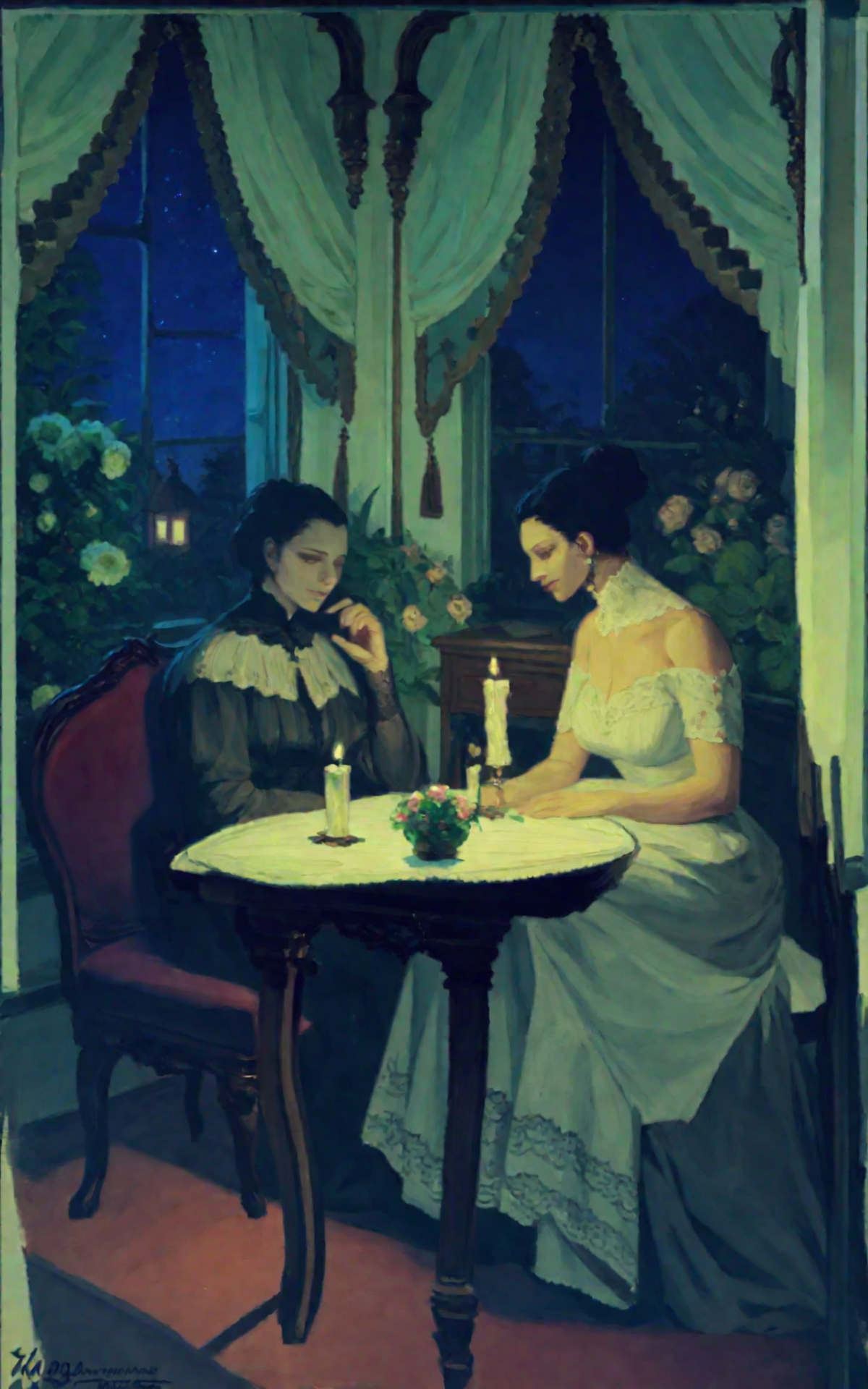 <lora:hans-andersen-brendekilde_pony_v1:1.2>  'dark room' by brendekilde hans andersen in 1900, a painting of a woman sitting at a table in front of an open window with flowers on the table next to her,general,night,candle light genre painting \(genre\),realism \(style\),, score_9, score_6_up, score_7_up