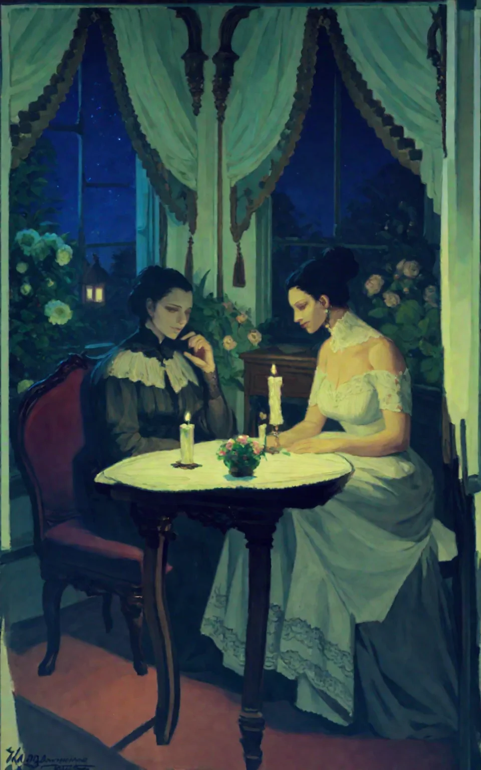 <lora:hans-andersen-brendekilde_pony_v1:1.2>  'dark room' by brendekilde hans andersen in 1900, a painting of a woman sitting at a table in front of an open window with flowers on the table next to her,general,night,candle light genre painting \(genre\),realism \(style\),, score_9, score_6_up, score_7_up