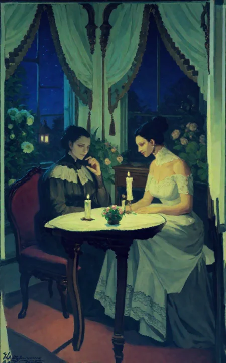 <lora:hans-andersen-brendekilde_pony_v1:1.2>  'dark room' by brendekilde hans andersen in 1900, a painting of a woman sitting at a table in front of an open window with flowers on the table next to her,general,night,candle light genre painting \(genre\),realism \(style\),, score_9, score_6_up, score_7_up
