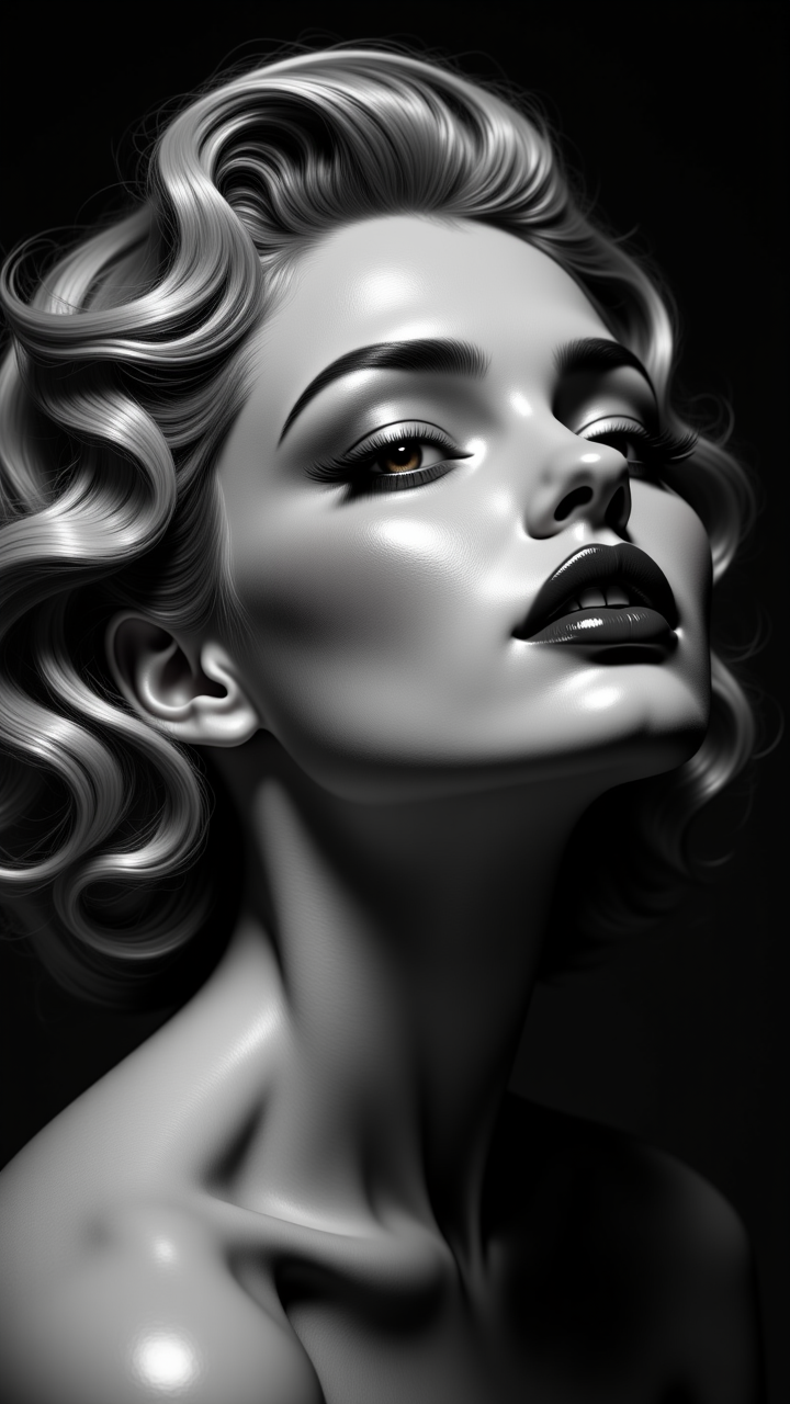 Jeddtlv3, A black-and-white close-up of a supermodel with vintage Hollywood styling. Her hair is styled in soft waves, framing her face elegantly, and her lips are painted in classic, bold red (despite the monochrome setting, the viewer can imagine the intensity of the color). Her skin is perfectly smooth, and a single beauty mark adds to her timeless allure. The lighting is dramatic, casting deep shadows and giving her face a sculpted, iconic look, <lora:Flux_Detailer_v3-000007:1> ,