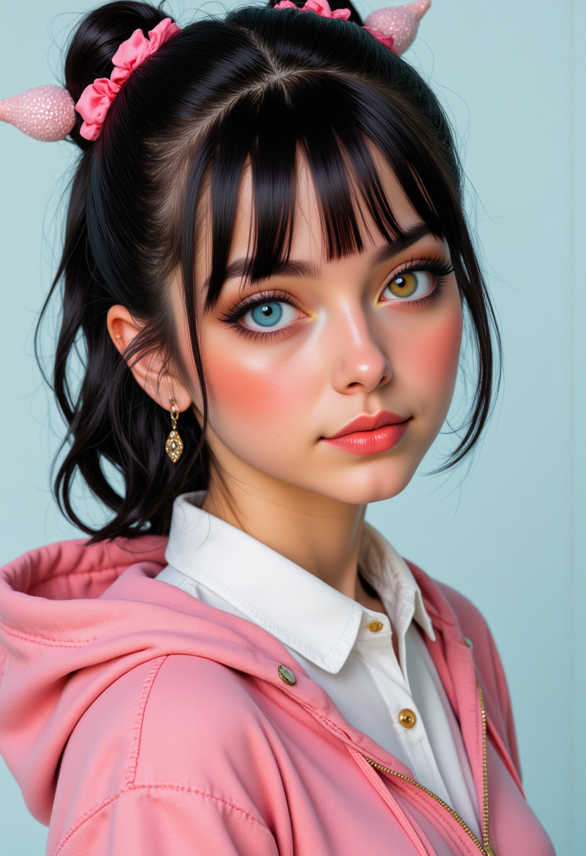 She is approximately 18 years old, she is smiling, Profile headshots, dynamic angles, she is looking at the camera, multiple angles,looking at camera, photoshoot poses;  she is standing. a photo of R@in, a young woman, with black hair. her right eye is yellow, her left eye is blue, and is wearing earrings., jewelry. retro50s_style, she is wearing a pink hoodie and a white shirt, She has a slight smile on her face and is looking directly at the camera. making this image a masterpiece of photography and digital art. realistic. making this image a masterpiece of photography and digital art. Style: realistic hyper-detailed rendering, 32k UHD, expressive eyes, punk, graphic design, girl's face, pretty and cute, gleaming lips, telling a tale of adventure. Exuding confidence and serenity. The overall mood of the image is happy and relaxed,detailed skin texture,(blush:0.2),(goosebumps:0.3),subsurface scattering,whimsical,Detailed hand, Perfect hand. Perfection style.,Niji style