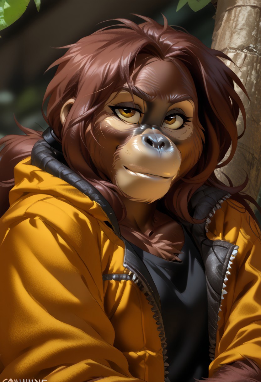 score_9, score_8_up, score_7_up, (by jailbird:1.5), (by kittydee:1.5), (by zummeng:1.5), masterpiece, best quality, (solo), 
 (Furry Art: orangutan:1.5), expressive eyes, feminine eyes, <lora:beautiful_detailed_eyes:1>, perfect face, feminine face, feminine body, ape, red fur, black skin, (brunette hair:1.5), (long hair), large breasts, (jacket:1.5), (t-shirt:1),