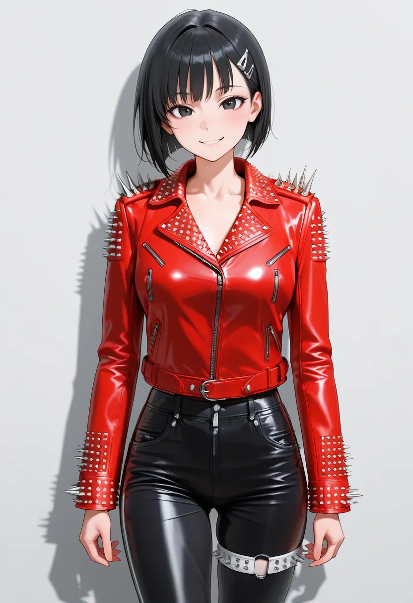 masterpiece,best quality,amazing quality, very aesthetic, ((outlined outlined vector graphics)), cute face, (glow eyes:0.5) ,  looking at viewer, cowboy shot, simple background,
1girl,20yo, black hair, black eyes, short bob hair, hair pin,mdeium  breast, slender,(white thigh strap:1.1),cute face,
,solo,  pov ,  looking at viewer ,
smile, happy,red jacket, ,, leather jacket, spiked leather jacket, large spikes, black pants  , heavy metal,  ,   standing ,  ,  , <lora:spiked-leather-jacket-il-01:1>