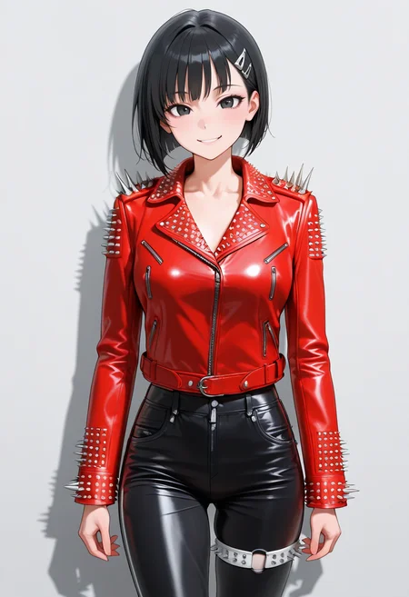 masterpiece,best quality,amazing quality, very aesthetic, ((outlined outlined vector graphics)), cute face, (glow eyes:0.5) , looking at viewer, cowboy shot, simple background,
1girl,20yo, black hair, black eyes, short bob hair, hair pin,mdeium breast, slender,(white thigh strap:1.1),cute face,
,solo, pov , looking at viewer ,
smile, happy,red jacket, ,, leather jacket, spiked leather jacket, large spikes, black pants , heavy metal, , standing , , , <lora:spiked-leather-jacket-il-01:1>