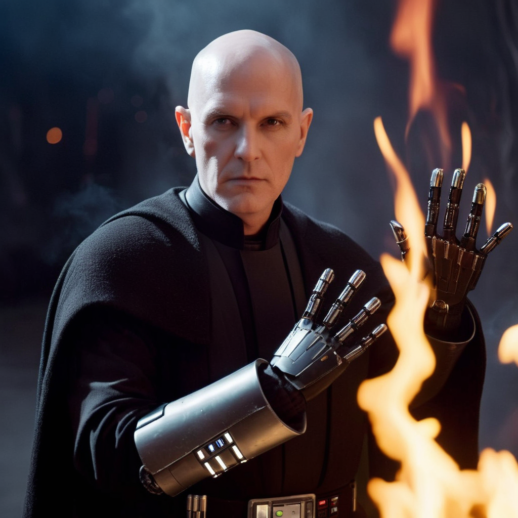 cinematic film still of  <lora:Darth Vader:1.5>
r a bald white face man with shiny eyes and a robotic prosthetic perfect sci fi hands in a black costume with fire and smoke in the backgroun in star wars universe, shallow depth of field, vignette, highly detailed, high budget, bokeh, cinemascope, moody, epic, gorgeous, film grain, grainy