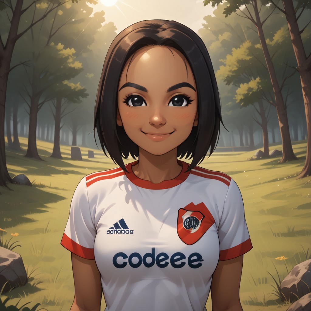 score_9, score_8, BREAK, solo, 1girl, black hair, black eyes, black eyebrows, blush, dark skin, dark skin female, RiverPlate, striped shirt, striped, shirt, white shirt, short sleeves, clothes writing, sportswear, soccer uniform, breasts, Yunyun_(Wii_Sports), cute, tall, thin, skinny, sexy pose, self portrait, smile, outdoors, sunlight, shadows, evening lighting, natural lighting, forest, trees, grass, orange sky, sunset