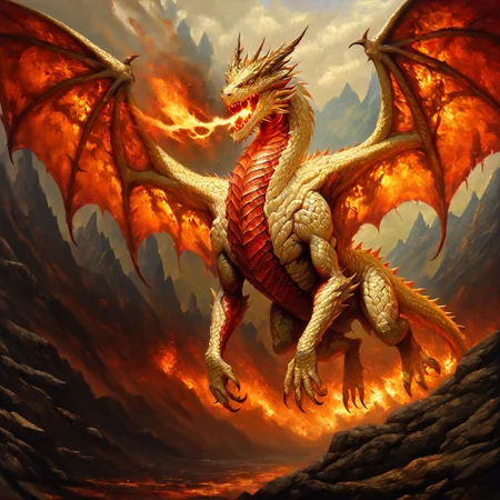 masterpiece, best quality, newest, absurdres, highres,WDIV1.0, western dragon, dragon, monster, no humans, wings, scales, GOTPV1.0, oil painting (medium), flying, breathing fire, fire,