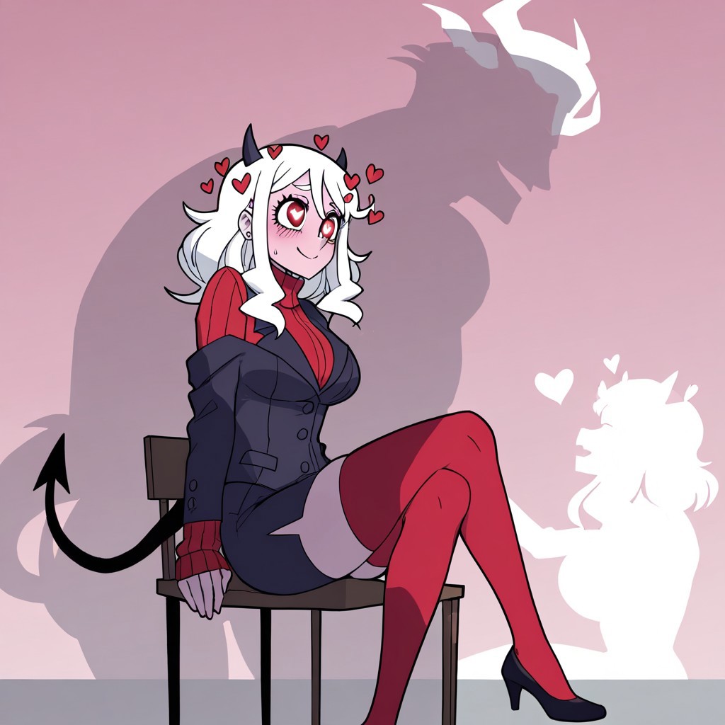 masterpiece, best quality, newest, absurdres, highres, anime, anime style, CCH-IL.V1.0-SH, implied sex, silhouette, shadow, chair, sitting on chair, sitting, silhouette sex, 
BREAK 1girl, modeus (helltaker), white hair, horns, hearts, symbol shaped pupils,