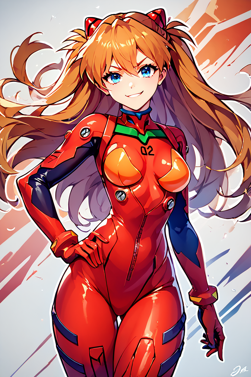 score_9, score_8_up, score_8, big breasts, (curvy), cute, eyelashes,      rating safe,   BREAK,  asuka langley soryu, long hair, bangs, blue eyes, brown hair, hair ornament, bodysuit, pilot suit, plugsuit, red bodysuit, interface headset,   BREAK,  dynamic pose, smile, smug, hand on hip,  smile, looking at viewer,   abstract background, mech in background, white outline, cowboy shot,   embedding:zPDXL, Expressiveh