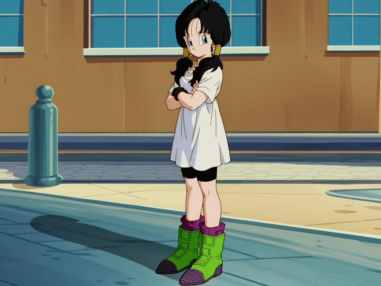 Videl, 1girl, pigtails, white shirt, bike shorts black hair, green boots fingerless gloves, <lora:Videl-prodigy-7:0.8>, score_9, score_8, score_8, anime screencap, solo, from side, looking at viewer, shadows, city, arms crossed