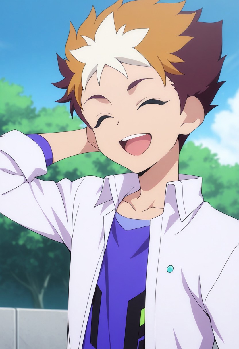 masterpiece,best quality,amazing quality, source_anime,
SubaruMakabe, 1boy, male focus, solo, closed eyes, multicolored hair, brown hair, white hair, collarbone, shirt, purple shirt, white shirt, collared shirt, open shirt, smile, outdoor, hand behind head, open mouth, happy,