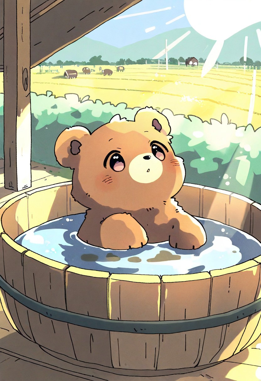 "(masterpiece, best quality, high quality, highres), very awa, highres, absurdres,
(naguru \(cyoroama\), (chii-kun \(seedyoulater\):0.7), 
(bear:1.1),
(no humans:1.1), (cute:1.2), comfy, solo, cozy,
bathing, day, sunlight, sun rays, surprised, happy, curious, farm, bowl of water, "