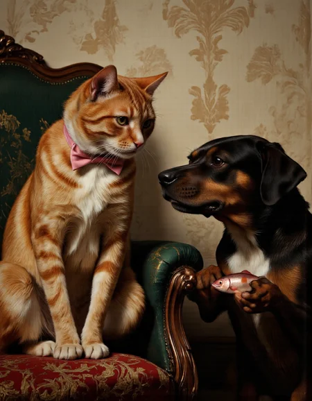 <lora:funnys:1>, This image is a hyper-realistic photograph capturing an enchanting and whimsical scene. It features two anthropomorphic animals seated on a vintage-style green armchair, rendered with meticulous attention to detail and lifelike textures. On the left sits a striped ginger cat with soft, velvety fur, its sleek coat showcasing intricate tabby patterns that ripple subtly under the light. Its large, round eyes reflect delicate highlights, making them appear almost alive, imbuing the cat with a sense of quiet intelligence. The cat wears a perfectly knotted pink bow tie, contrasting elegantly against its warm, earthy tones. Its expression is calm yet slightly aloof, as if lost in thought, while its lithe yet slightly chubby bodyâwith fine folds of skin visible around its neckârests comfortably with paws crossed in its lap.,
To the right, a black and brown dog with glossy, intricately detailed fur gazes intently at a small, shimmering pink fish held delicately in its paws. The dog's expressive eyes are filled with concern and curiosity, each strand of fur meticulously defined, creating a sense of tactile realism. The fish gleams under soft lighting, its scales catching the light with a pearlescent sheen, adding a touch of magic to the composition.,
The background showcases an old floral-patterned wallpaper, its intricate design rendered with stunning clarity. Subtle shades of beige and light brown blend seamlessly, while the delicate floral motifs feature muted colors that evoke nostalgia. The dark green armchair, upholstered in a fabric with a slightly worn texture, anchors the scene with its rich, tactile surface. A red and gold patterned cushion on the left side adds a pop of color and depth, its embroidered details crisp and vivid.,
The interplay of light and shadow enhances the three-dimensional quality of the photograph, lending it an immersive atmosphere. Every elementâfrom the lifelike textures of the animals' fur to the aged patina of the armchairâcreates a seamless blend of classic charm and modern precision. The result is a humorous yet heartwarming moment frozen in time, inviting viewers into a world where reality meets imagination. The ginger cat's striking striped pattern adds a playful and dynamic contrast to the serene setting, further enhancing the visual narrative.