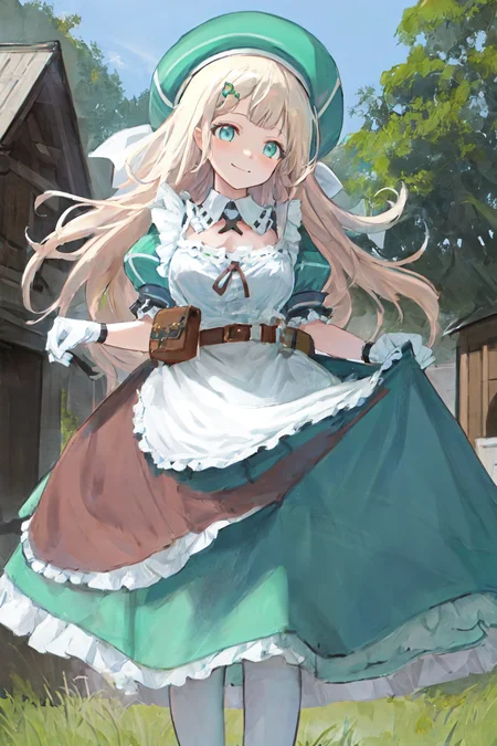 masterpiece, best quality, highres, 1girl yomi, hat dress apron <lora:yomi:1> smile, standing, skirt lift, outdoors