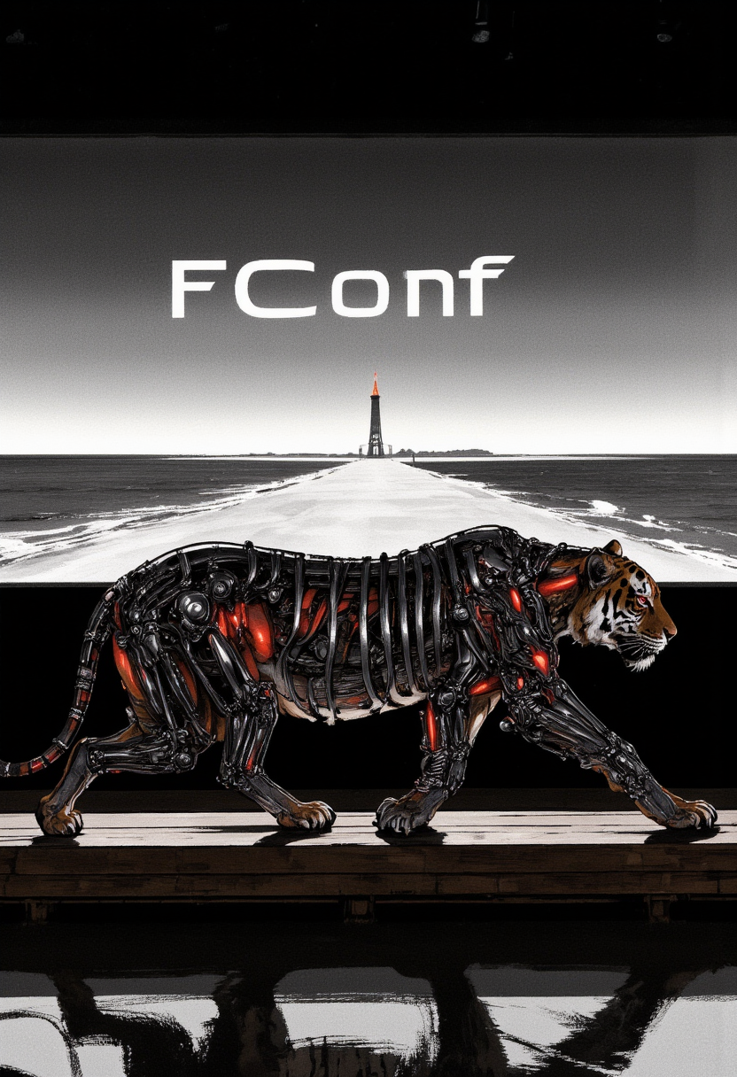 An image in style of ink wash painting, featuring (side profile:1.5) of cybernetic tiger walking towards the left of the frame on the black wooden floor. The tiger has a ((natural organic front half)) with detailed fur texture, while its ((rear half is exposed mechanical)), revealing intricate (metal skeleton, wires, and tubes) without skin. The tiger's ((eyes glow red)) intensely, symbolizing its synthetic nature. It walks across a technology exhibition platform in the center of the composition, with (focus on the tiger's head and face). Behind the platform lies complete darkness except for a large projection screen showing a vast ocean with a solitary lighthouse standing against the dark horizon. The screen features a black background with the title ((FConf)) prominently displayed in the center.