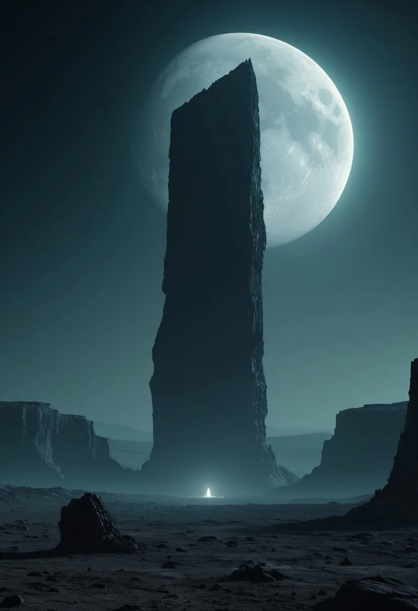 surface of a desolate moon, observing an immense alien monolith thatas emitting an eerie, pulsating light. cinematic. still, artistic.