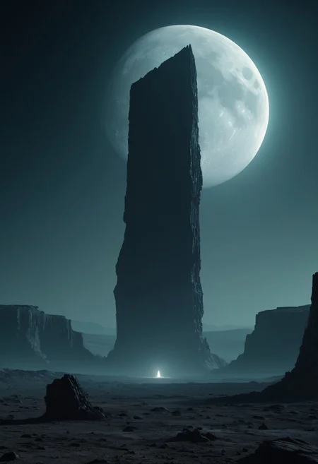 surface of a desolate moon, observing an immense alien monolith thatas emitting an eerie, pulsating light. cinematic. still, artistic.