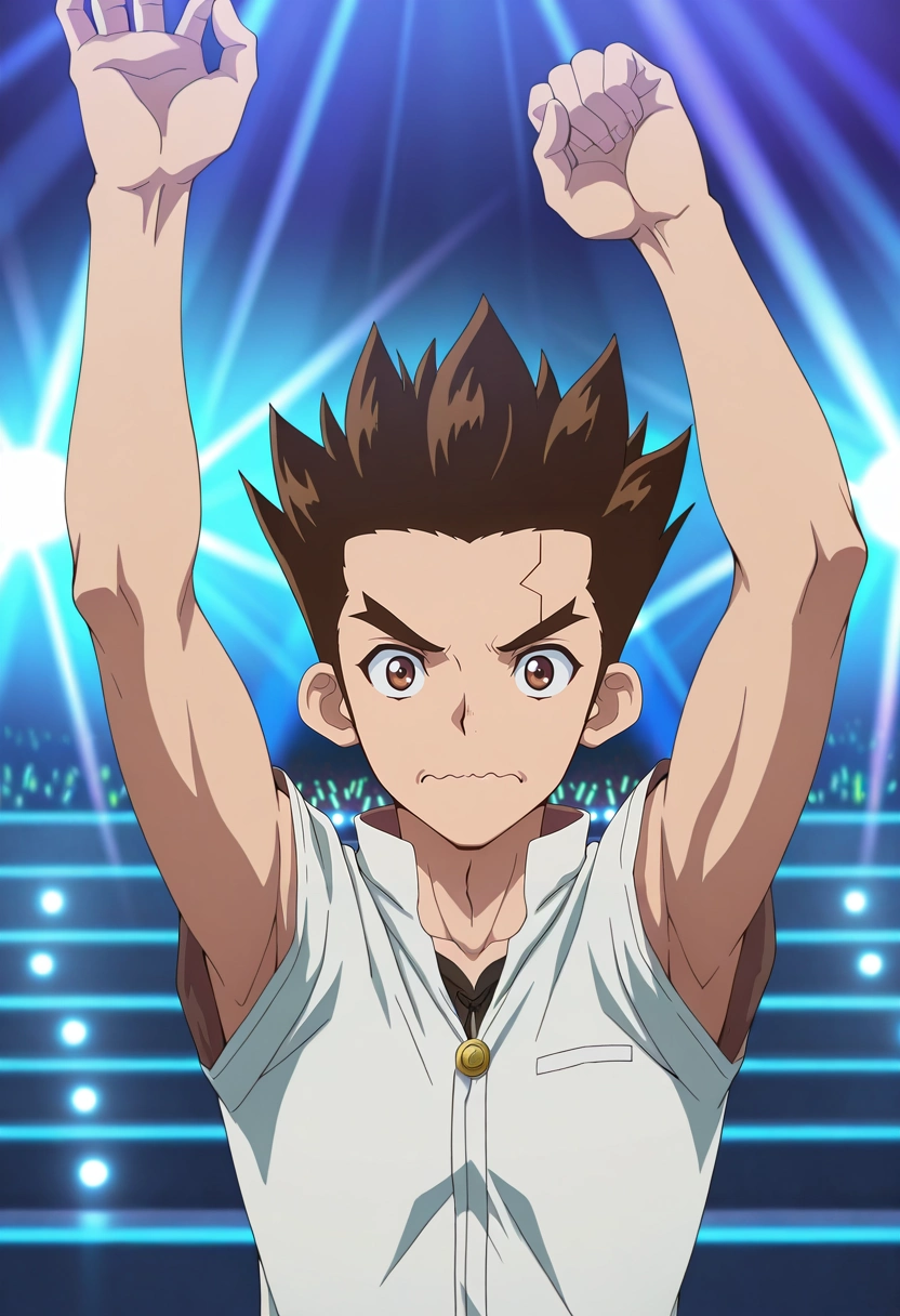 masterpiece, best quality, intricate details, anime screencap, anime coloring, official style, looking at viewer, 1boy, solo, male focus, <lora:taiju_ooki_ilxl:0.9>, taiju_ooki, brown hair, brown eyes, short hair, spiked hair, rule of thirds, concert, light, arms up, wavy mouth, closed mouth,