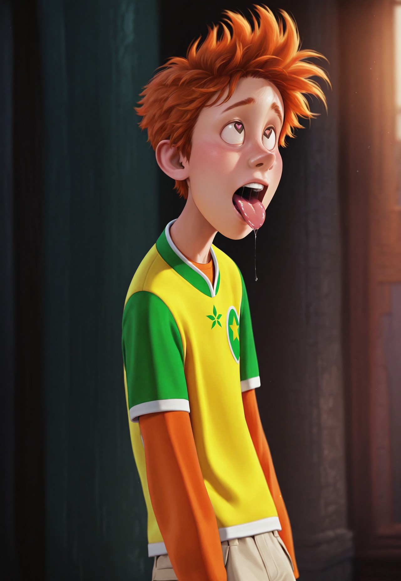 masterpiece, best quality, amazing quality, detailed background, intricate details, dynamic, cinematic, animated, anime realistic shading, solo, male focus, 1boy, handsome, tall, j0hnny, ginger hair, brown eyes, yellow and green t-shirt, orange shirt, light brown cargo shorts, green and blue sneakers, ikigao, heart shaped pupils, eye roll, open mouth, tongue out, saliva, abstract background, cowboy shot, dutch angle