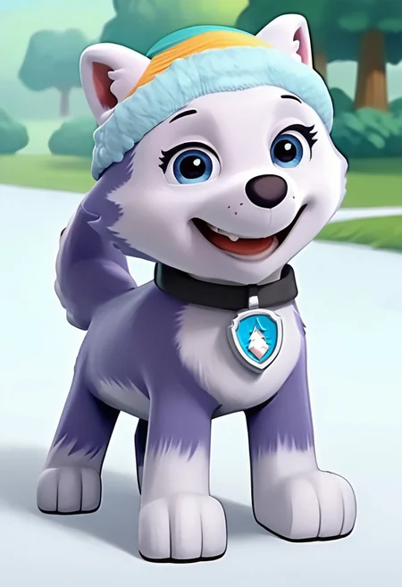 BREAK Score_9_up, Score_8_up, Score_7_up, source_anime, (frontal), 1girl, solo, everest, dog, feral, teal cap, black fur, blue eyes, full body,