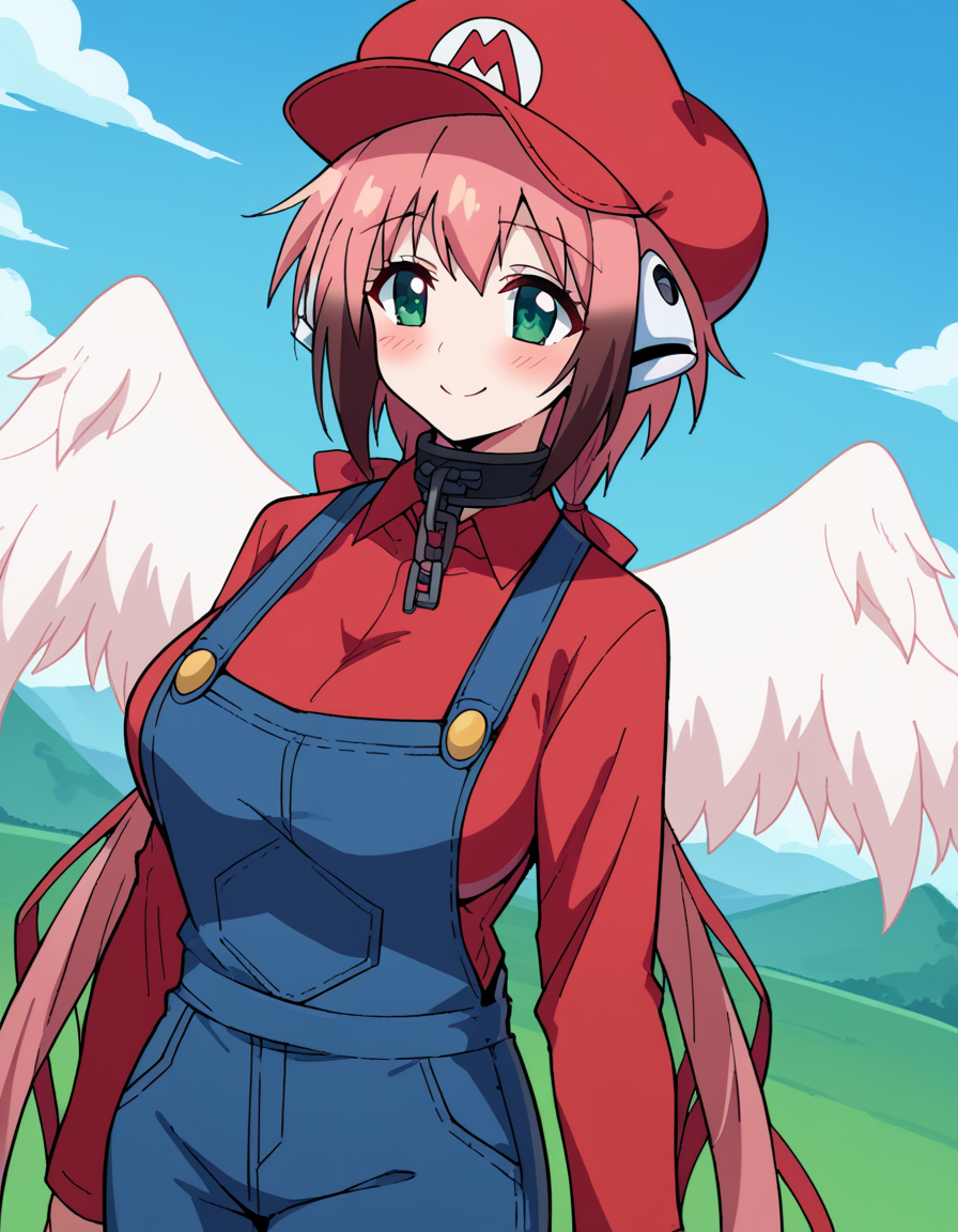 score_9, score_8_up, score_7_up, source_anime, <lora:ikaros-s2-ponyxl-lora-nochekaiser:1>, ikaros, long hair, bangs, large breasts, twintails, very long hair, green eyes, hair ribbon, pink hair, angel wings, robot ears, collar, chain,, <lora:mario-cosplay-ponyxl-lora-nochekaiser:1>, mariocosplay, mario (cosplay), blue overalls, overalls, shirt, red shirt, long sleeves, collared shirt, hat, red hat,, landscape, blush, smile, , dutch angle, cowboy shot