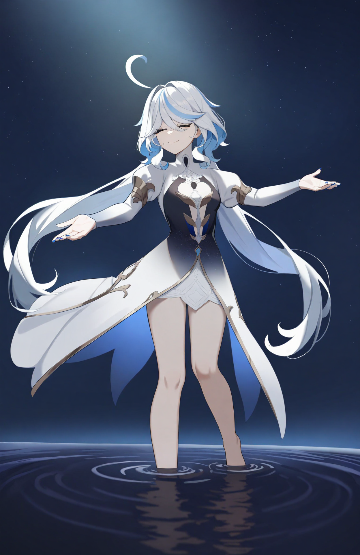 <lora:Furina_v2-000044>,
1girl,absurdres,agm,ahoge,armlet,bare_legs,barefoot,barefoot_sandals_(jewelry),blue_gemstone,blue_hair,blue_nails,closed_eyes,commentary_request,dress,floating_hair,focalors_(genshin_impact),full_body,gem,genshin_impact,gold_trim,grey_hair,hair_intakes,highres,jewelry,juliet_sleeves,layered_dress,lens_flare,light_blue_hair,light_particles,long_hair,long_sleeves,low_ponytail,multicolored_clothes,multicolored_dress,multicolored_hair,nail_polish,night,night_sky,outstretched_arms,partial_commentary,puffy_sleeves,ripples,sky,smile,split_ponytail,star_(sky),starry_sky,toenail_polish,toenails,two-tone_hair,very_long_hair,wading,water,wavy_hair,