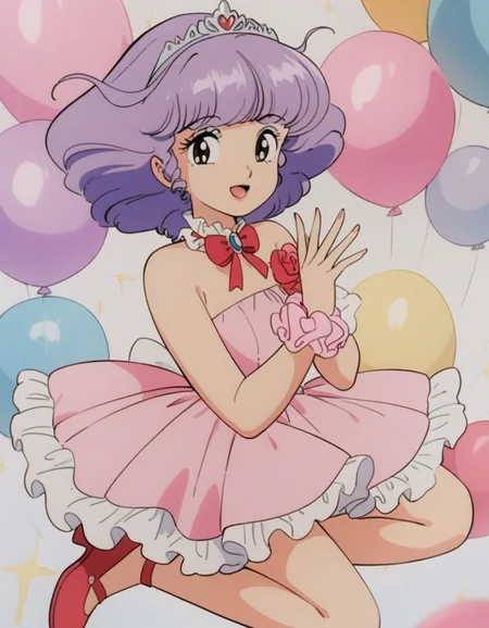 masterpiece, best quality, very aesthetic, absurdres,retro artstyle,1980s \(style\),1girl, solo,purple hair,dress, pink dress,sleeveless, bare shoulders,wrist corsage,ribbon,frills,red footwear,tiara,open mouth,smile,looking at viewer,smile, <lora:creamymami_xl_v1:0.75>
