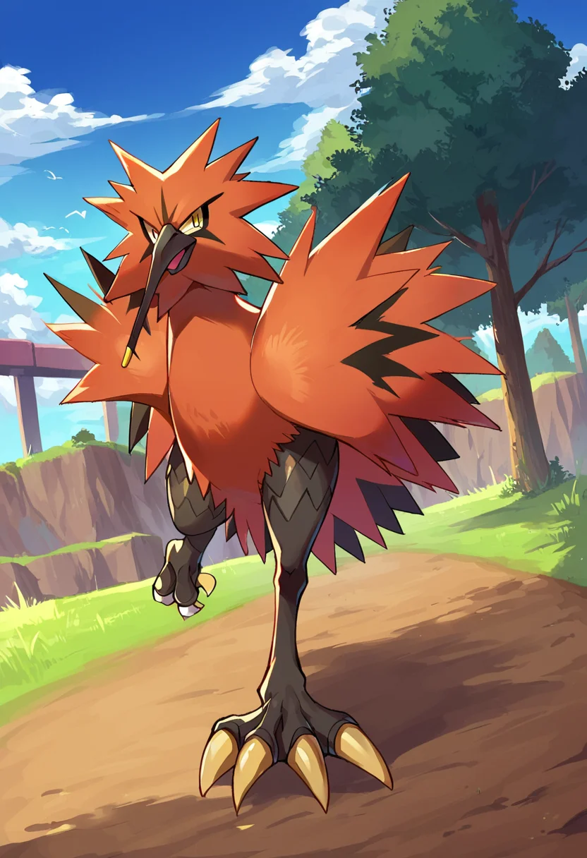 score_9,score_8_up,score_7_up,source_anime,zPDXL3,outdoors,day,tree,cloud,grass,blue sky,
*//*,<lora:Poke_Zapdos-Pony:1>,zapdos_gala,solo,no humans,pokemon (creature),yellow eyes,bird,talons,claws,standing,full body,
*//*,looking at viewer,cowboy shot,dutch angle,dynamic pose,running,