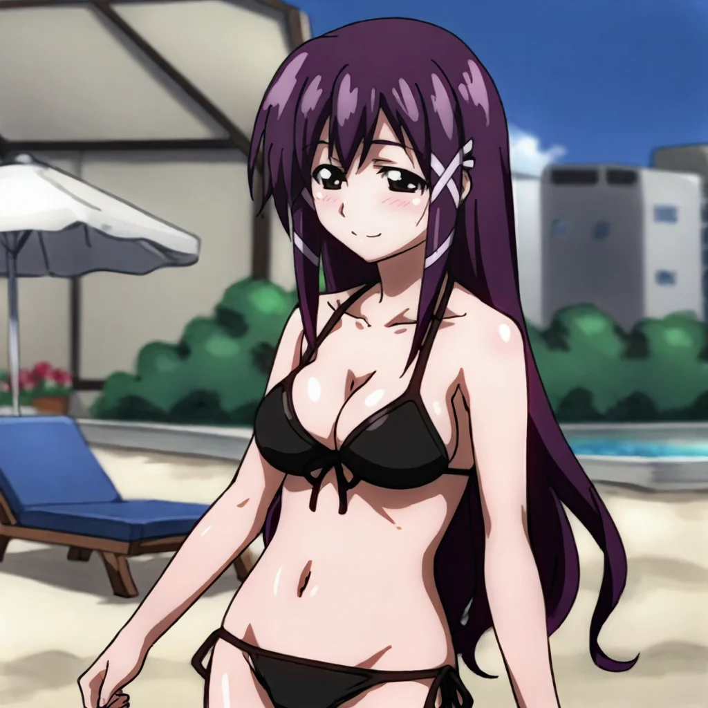 <lora:Mikako_pony_v1:.8>MikakoBikini, 1girl, swimsuit, black bikini, long hair, purple hair, medium breasts, side-tie bikini bottom, navel, cleavage, hair ornament, cowboy shot