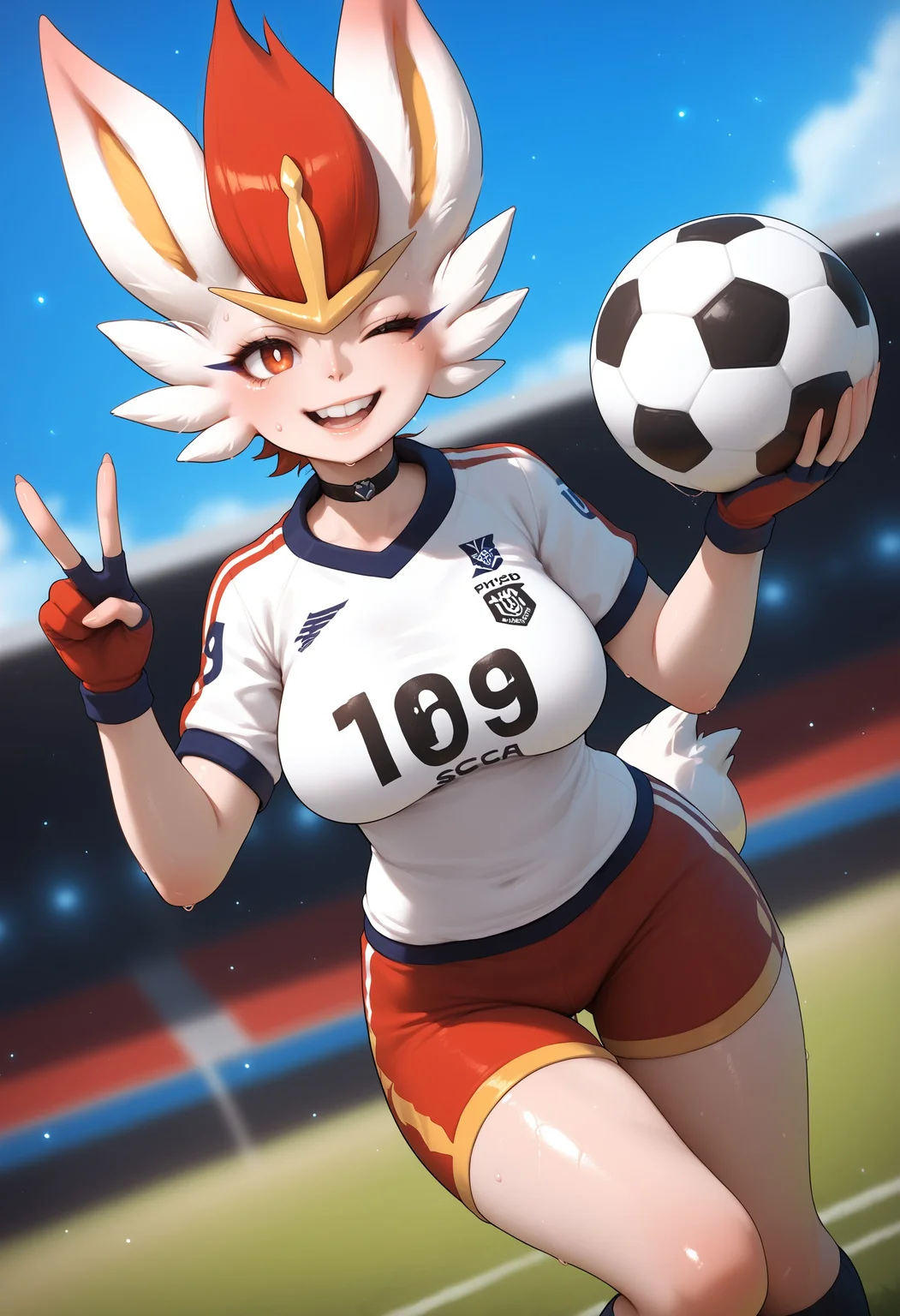 score_9, score_8_up, score_7_up, score_6_up, source_anime, source_furry, soccer field, godrays, ((particles)), blurry, dutch angle,
BREAK
(1girl), mature female, cinderace, (sweat, shiny skin, dripping sweat, sweatdrop), looking at viewer, smug, smug smile, open mouth, wink, (v sign, holding soccer ball), teeth, soccer uniform, shorts, gloves, choker, (curvy, large breasts), thigh gap, [midriff], 
<lora:5b7dead8-0d27-4213-a698-0348d326732e:5.0> , , <lora:49012aa3-0b5e-40ae-97b8-b9a76a2f1e7b:1.0>, <lora:0822f1bc-be9c-42f2-a563-5e7c17e10639:0.6>, <lora:4b571537-d57c-4d84-9d24-d39fcf54c682:0.5>