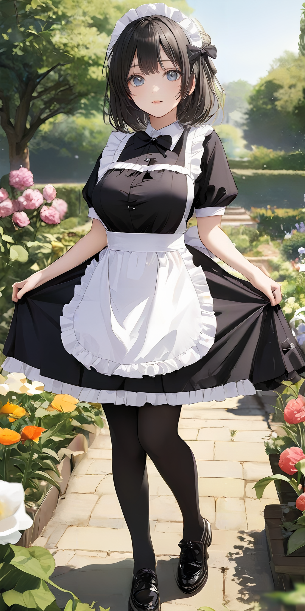 masterpiece,ultra-detailed,best quality,8K,illustration,ultra detailed face,cute face,clean skin ,shiny hair,girl,ultra-detailed-eyes, flower,garden,<lora:add-detail-xl:1>,cowboy shot, 
 <lora:maid_XL_V1.0:0.8> jyojifuku, frills, apron,thighhighs,shoes,black dress,bow <lora:lkp_XL_V1.0:1> lkp, breasts