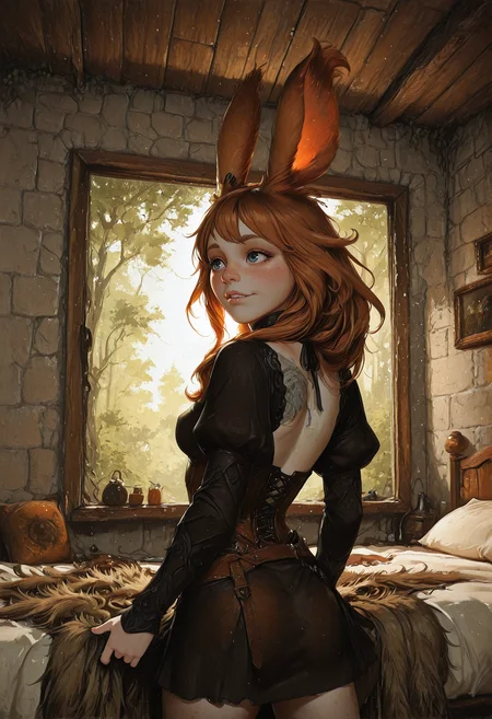 very awa, lineart, watercolor, negative space, [sei shoujo], [yoshiten], style parody, [bang dream!], [arcane: league of legends], [league of legends], (cowboy shot:1.9), (from behind:1.5), (perspective) BREAK woman, solo, <lora:Final_Fantasy_XIV_Races_Female_Viera_for_IllustriousXL:0.5> rabbit_girl, viera, <lora:anti_human_ears:0.7> copper hair, french twist hair, rabbit ears, aqua eyes, irezumi tattoo, freckles (pale skin:1.2), slender body, frumpy, short stack, narrow waist, perky breasts, perfect hands, metallic lips, looking to the side, (excited), biting lip BREAK druid, wearing oversized fur-trimmed deep yellow_brown leather pelt, long sleeved (detailed brown_red and beige leather halter), Juliet sleeves, prayer shawl, hide miniskirt, no legwear, bearskin cap BREAK fantasy, indoors, suburban house, (grey stone walls), wood floors, bed room, dark windows, dense forest, trees outside window, lying, on back, legs spread, on bed, bed, pillows, sheets, warm light, dynamic lighting BREAK <lora:Expression_Detailer_Illustrious_Lora:0.7> <lora:rdtdrp:0.6> <lora:Echodove-ILLU:0.6> <lora:DarkerThanDarkIllustriousV1:0.5> <lora:Stunning_Art_-__Landscape__Background-000009:0.6> st_landscape, <lora:Creepy_Cute_Magical_Bits-000009:0.7> CreeepyCuteMagic