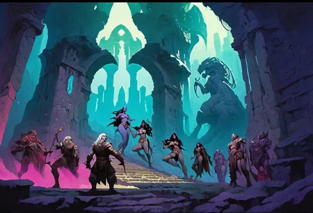 Dark vaporwave color palette, Fantasy painting, masterpiece by frank frazetta, androgynous, dungeon_party, group, muscular, fetish, fantasy masterpiece, a party of beautiful adventurers exploring an ancient dungeon, cyberpunk, vaporwave, arcane ruins