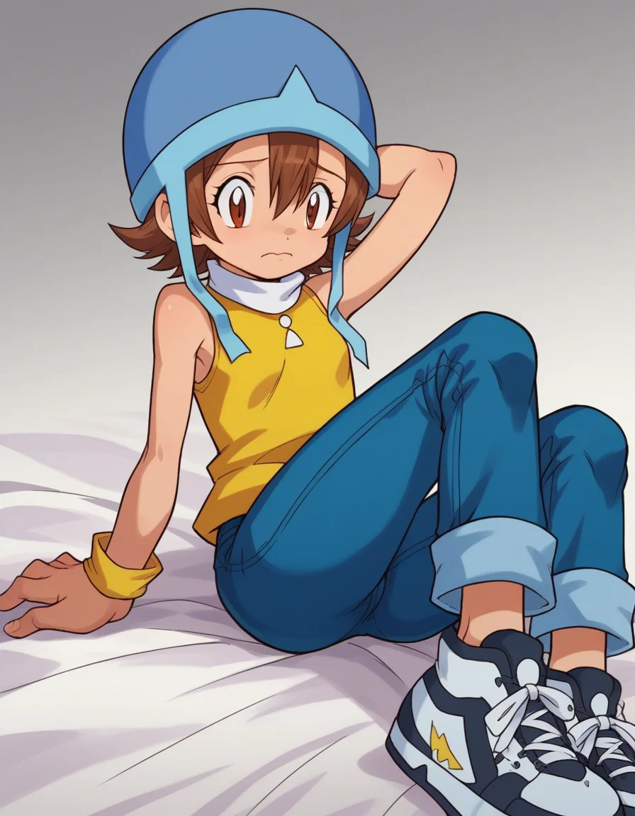 zPDXL, score_9, score_8_up, score_7_up, source_anime,
<lora:Digimon_v2-15:0.8> digimon, 1girl, solo, sora, brown hair, brown eyes, short hair, hair between eyes, blue helmet, hat straps, yellow turtleneck, sleeveless, white collar, jeans, black sneakers,, nervous, arm_behind_head