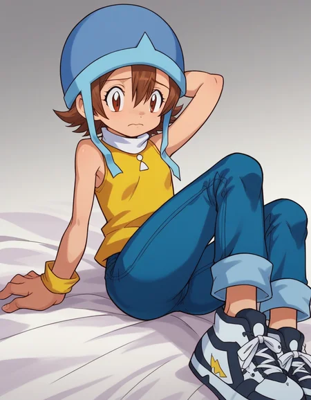zPDXL, score_9, score_8_up, score_7_up, source_anime,
<lora:Digimon_v2-15:0.8> digimon, 1girl, solo, sora, brown hair, brown eyes, short hair, hair between eyes, blue helmet, hat straps, yellow turtleneck, sleeveless, white collar, jeans, black sneakers,, nervous, arm_behind_head