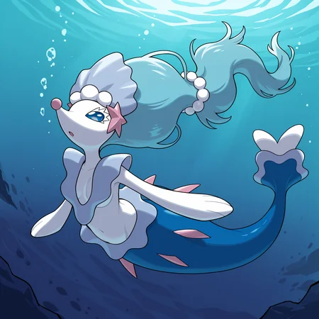 masterpiece, best quality, very aesthetic, <lora:Primarina_Concept_Illustrious:0.6> primarina, mermaid tail, pokemon, pokemon (species), blue eyes, ocean, underwater, swimming, from above, high-angle view, digital media \(artwork\), puzzled