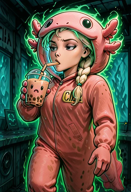 embedding:IllusP0s, f3rn4nd0, axolotl costume, 1girl, solo, Elsa (frozen), Single blonde Braid, CIA badge, green aura, glowing, holding, drinking, bubble tea, detailed glacial background,
