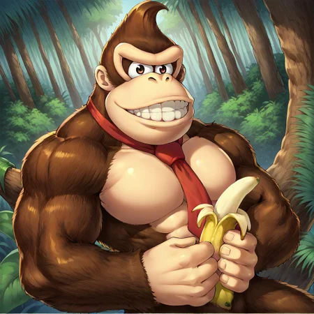 <lora:anipony_XL:0.5>, zPDXLxxx, score_9, score_8_up, score_7_up, SFW, source_anime, rating_general, (anime screenshot, flat coloring), solo, <lora:Donkey_Kong:0.8> donkeykong, brown fur, red tie, necktie, large body, large biceps, teeth, laying down on a hammock, holding a banana, jungle setting, trees plants, alligators in background, detailed background, <lora:Eating_Banana:0.7> banana, eating banana, holding fruit