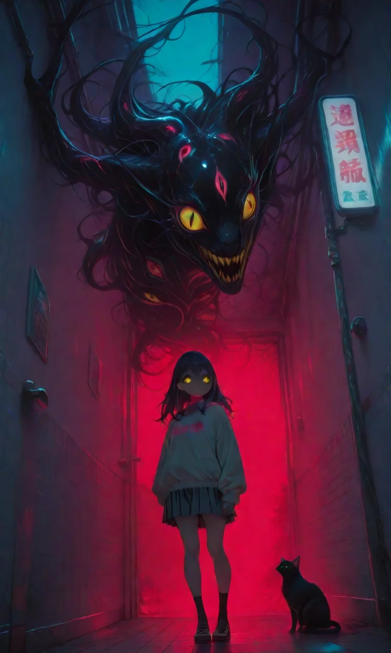 <lora:LCMV2-PONYplus-PAseer:1>
<lora:illustriousXL_stabilizer_v1.72:1>
<lora:DetailedEyes_V3:1>
<lora:Nightmare_Paralized_IL:1>
1girl, building, cat, clothes writing, eldritch abomination, glowing, glowing eyes, holding, indoors, jacket, loafers, long hair, neon lights, night, pink bow, pleated skirt, red background, scenery, slit pupils, solo, standing, tile wall, yellow sclera
