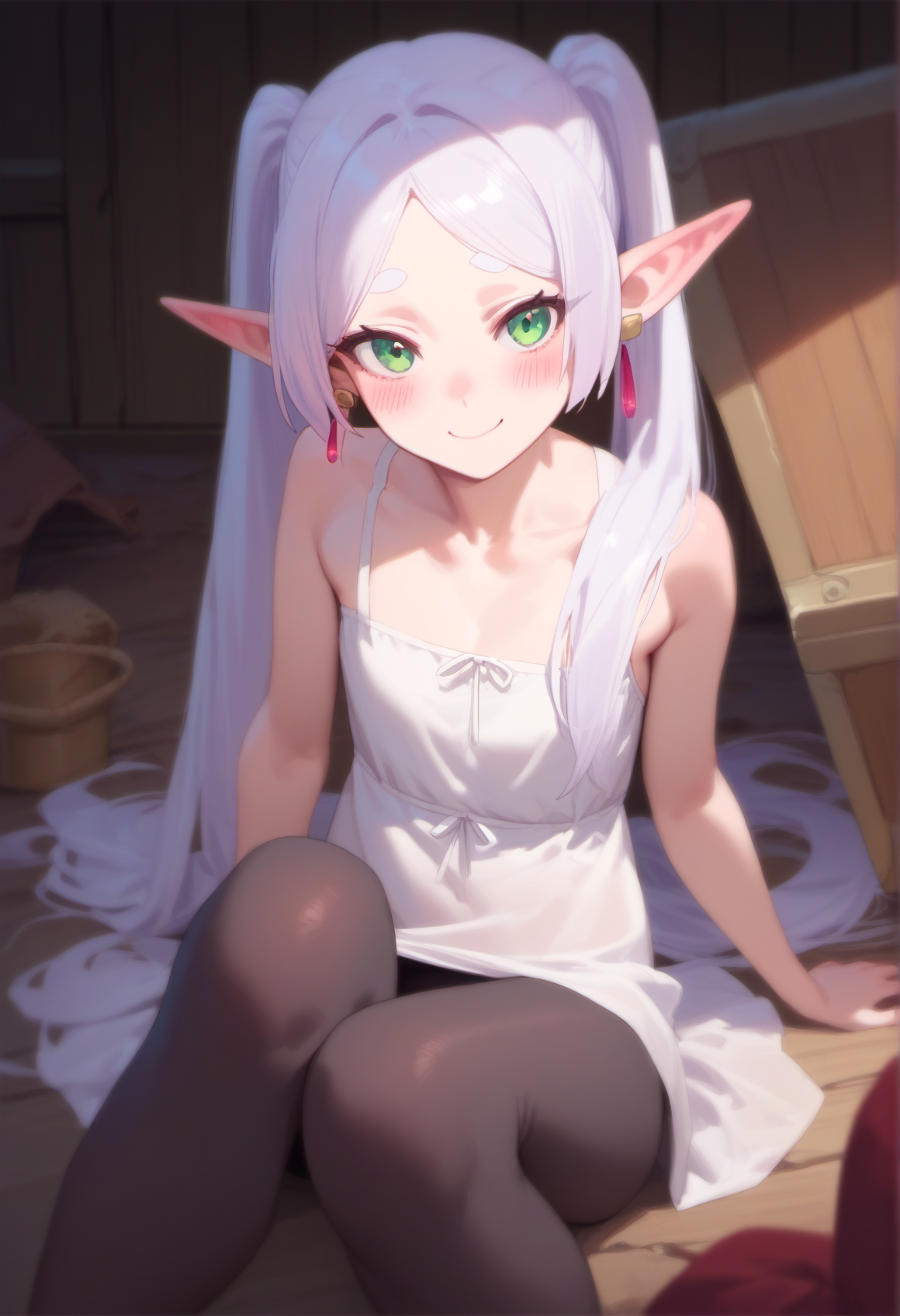 score_9, score_8_up, score_7_up, score_6_up,
nereirfpnxl, frieren, mimic chest, 1girl, pointy ears, solo, elf, rating:questionable, green eyes, blush, long hair, collarbone, looking at viewer, white hair, twintails, smile, pantyhose, earrings, jewelry
<lora:frieren_nereirfpnxl_pony:1>