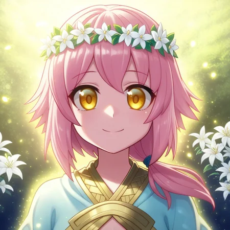 mana_sk style, portrait, focus on face, a hopeful healer girl with soft pink hair tied into a low ponytail and warm golden eyes, wearing a delicate wreath of white flowers and a pastel robe embroidered with luminous patterns, her gentle smile emanating kindness, faint light particles glowing around her face, Japanese RPG style, serene and uplifting atmosphere, intricate details on her wreath and robe